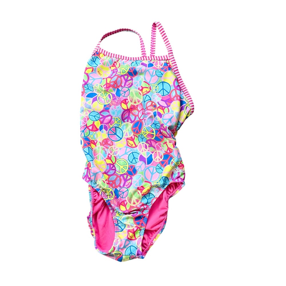 Dolfin Uglies Swimsuit Women 38 Multi-Color Excellent Peace Sign V-2 Back Print
